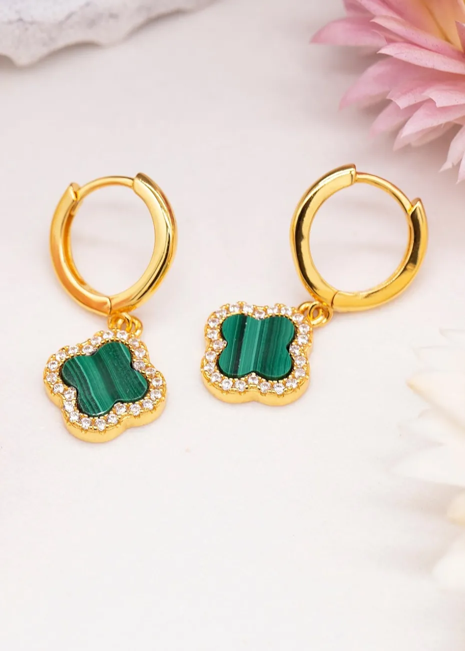 Golden Moments Yellow Gold Plated Clover Malachite CZ Huggy Earrings