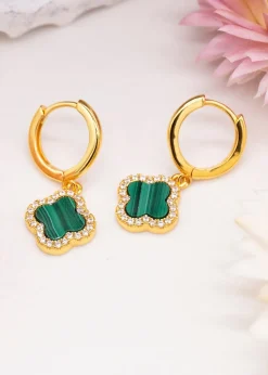Golden Moments Yellow Gold Plated Clover Malachite CZ Huggy Earrings