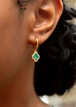 Golden Moments Yellow Gold Plated Clover Malachite CZ Huggy Earrings