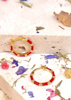 Golden Moments Yellow Gold Plated CZs Red Enamel Hoop Earrings