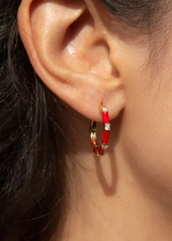 Golden Moments Yellow Gold Plated CZs Red Enamel Hoop Earrings