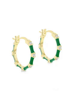 Golden Moments Yellow Gold Plated CZs Green Enamel Hoop Earrings