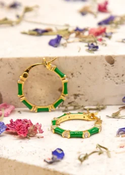 Golden Moments Yellow Gold Plated CZs Green Enamel Hoop Earrings