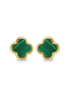 Golden Moments Yellow Gold Plated Clover Malachite Stud Earrings