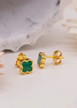 Golden Moments Yellow Gold Plated Clover Malachite Stud Earrings