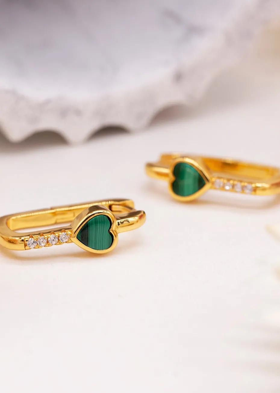 Golden Moments Yellow Gold Plated Heart Malachite CZ Huggy Earrings