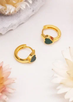 Golden Moments Yellow Gold Plated Heart Malachite Huggy Earrings