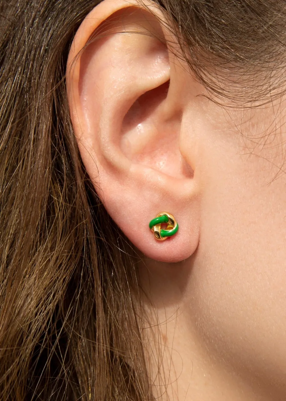 Golden Moments Yellow Gold Plated Green Enamel Small Knot Studs
