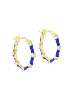 Golden Moments Yellow Gold Plated CZs Blue Enamel Hoop Earrings