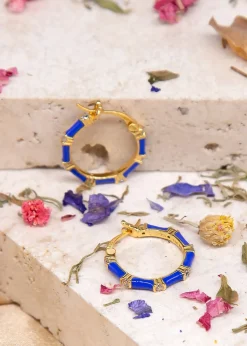 Golden Moments Yellow Gold Plated CZs Blue Enamel Hoop Earrings