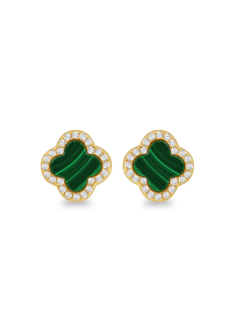 Golden Moments Yellow Gold Plated Clover Malachite CZ Stud Earrings