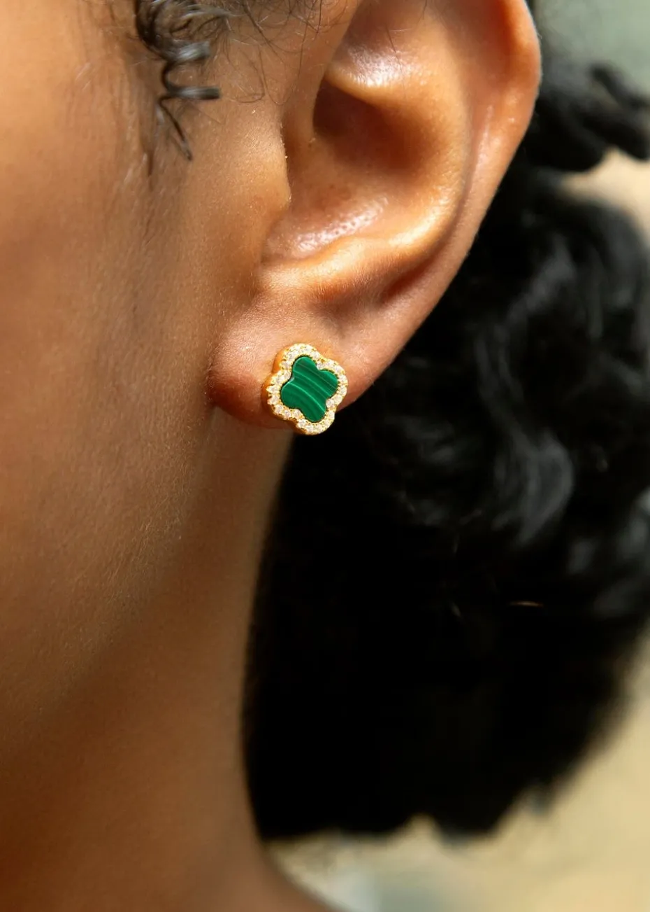 Golden Moments Yellow Gold Plated Clover Malachite CZ Stud Earrings