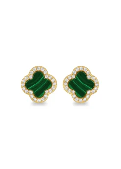 Golden Moments Yellow Gold Plated Clover Malachite CZ Stud Earrings