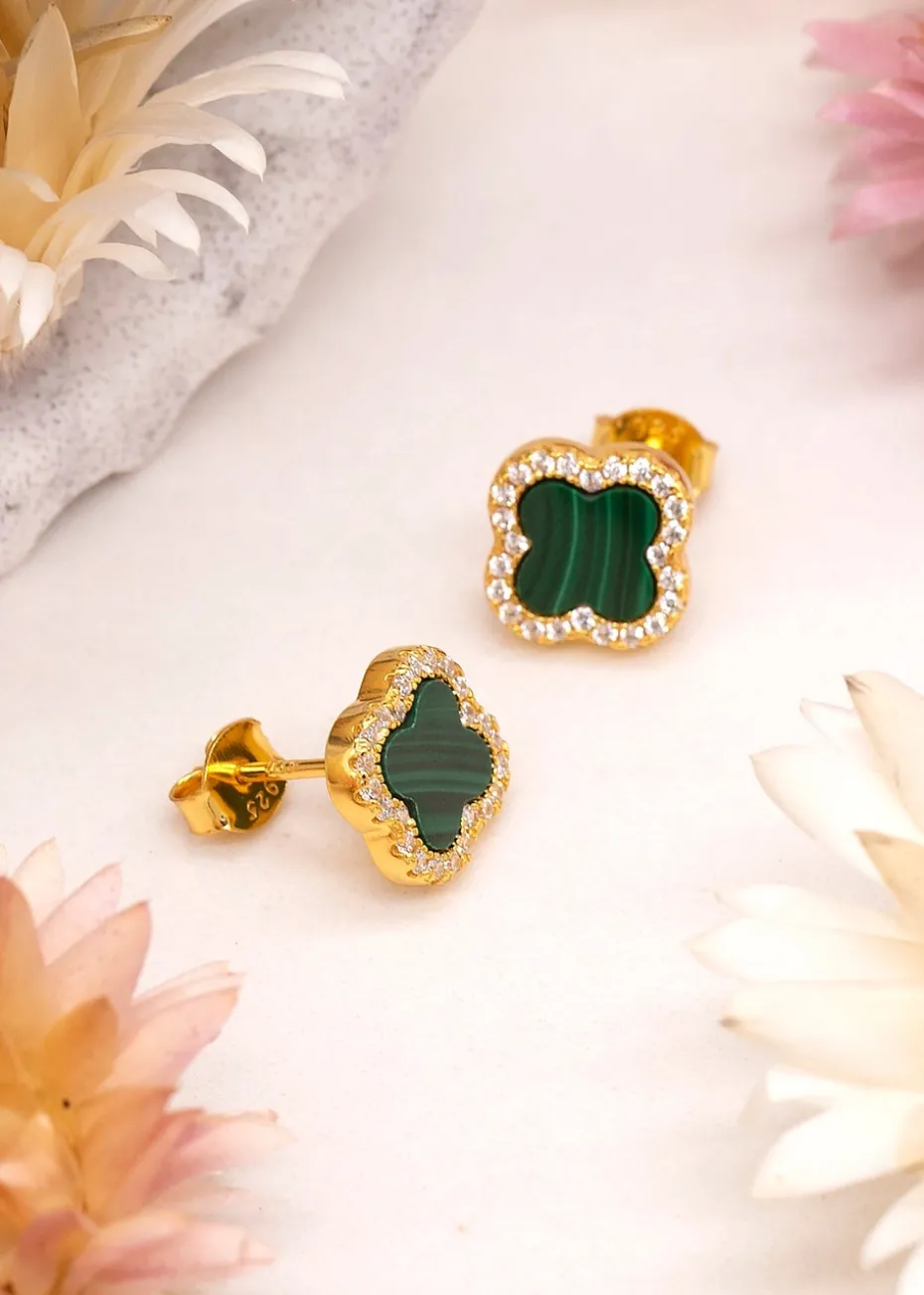 Golden Moments Yellow Gold Plated Clover Malachite CZ Stud Earrings