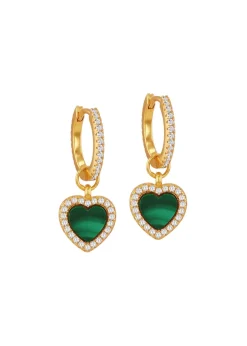 Golden Moments Yellow Gold Plated Heart Malachite CZ Huggy Hoop Drop Earrings