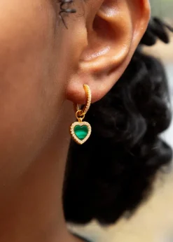 Golden Moments Yellow Gold Plated Heart Malachite CZ Huggy Hoop Drop Earrings