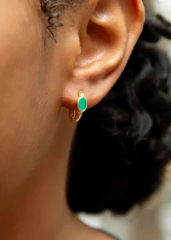 Golden Moments Yellow Gold Plated Oval Malachite Huggy Earrings