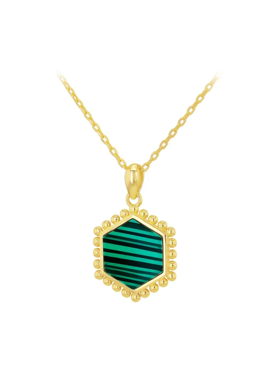 Golden Moments Yellow Gold Plated Hexagon Malachite Necklace
