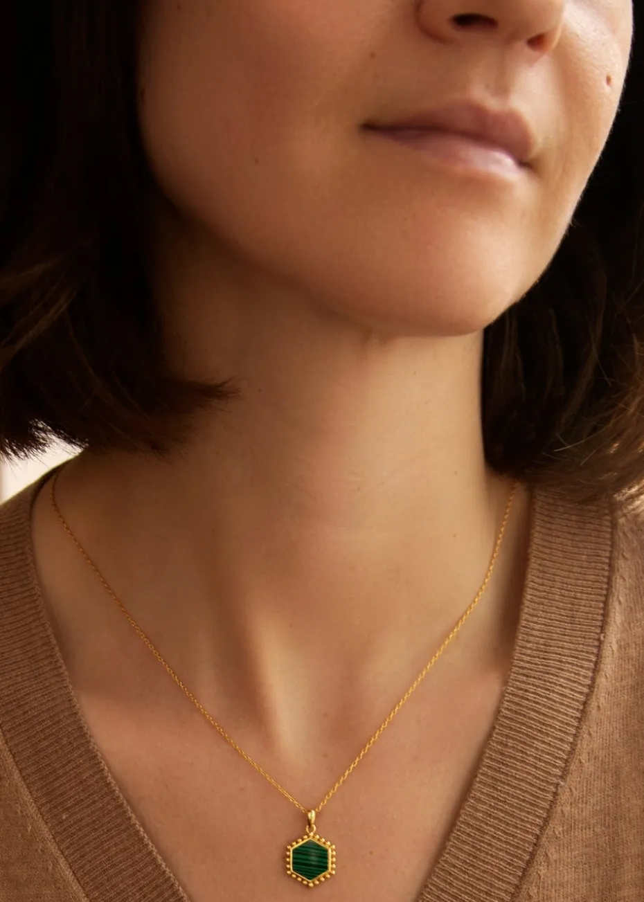 Golden Moments Yellow Gold Plated Hexagon Malachite Necklace