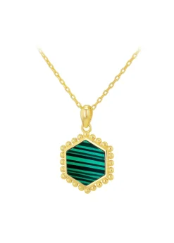 Golden Moments Yellow Gold Plated Hexagon Malachite Necklace