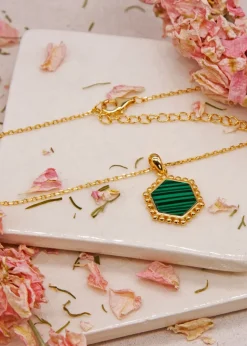 Golden Moments Yellow Gold Plated Hexagon Malachite Necklace