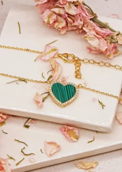 Golden Moments Yellow Gold Plated Heart Malachite and CZ Necklace