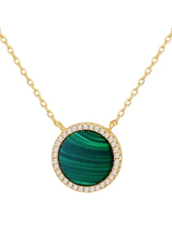 Golden Moments Yellow Gold Plated Round Malachite and CZ Necklace