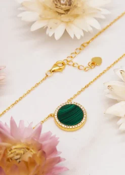 Golden Moments Yellow Gold Plated Round Malachite and CZ Necklace