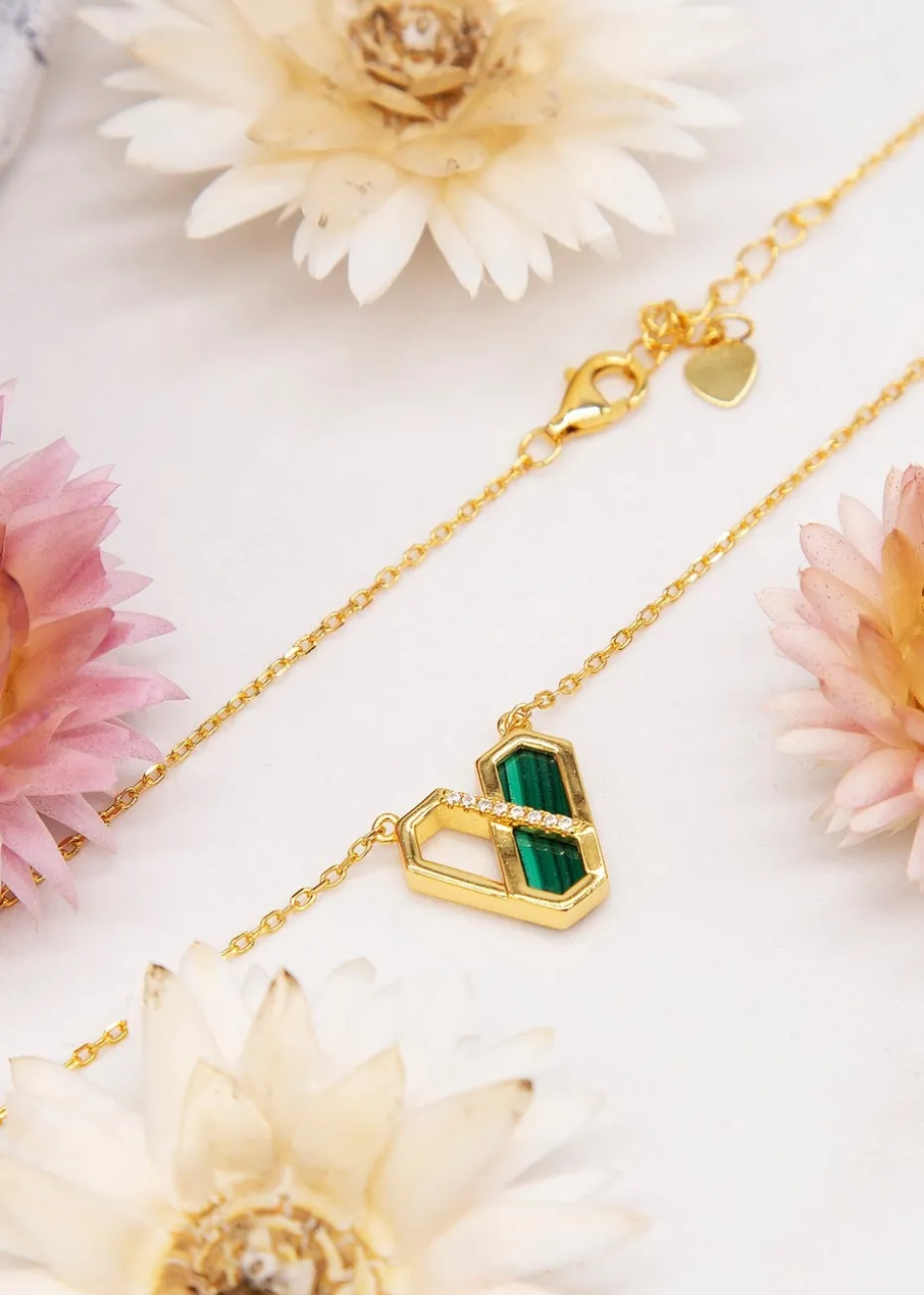 Golden Moments Yellow Gold Plated Hexagon Malachite Necklace