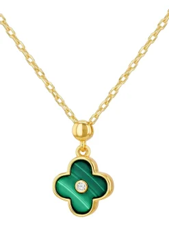 Golden Moments Yellow Gold Plated Clover Malachite and CZ Necklace