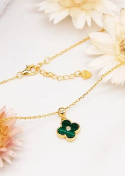 Golden Moments Yellow Gold Plated Clover Malachite and CZ Necklace