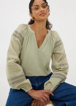 Green Broderie Anglaise Long Sleeve Top