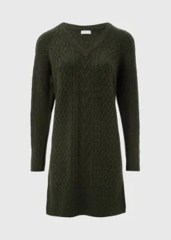 Green Cable Knit V-Neck Mini Dress