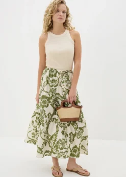 Green Floral Button Front Tiered Midaxi Skirt