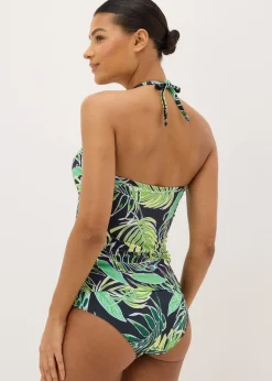 Green Tropical Leaf Print High Waisted Bikini Bottoms