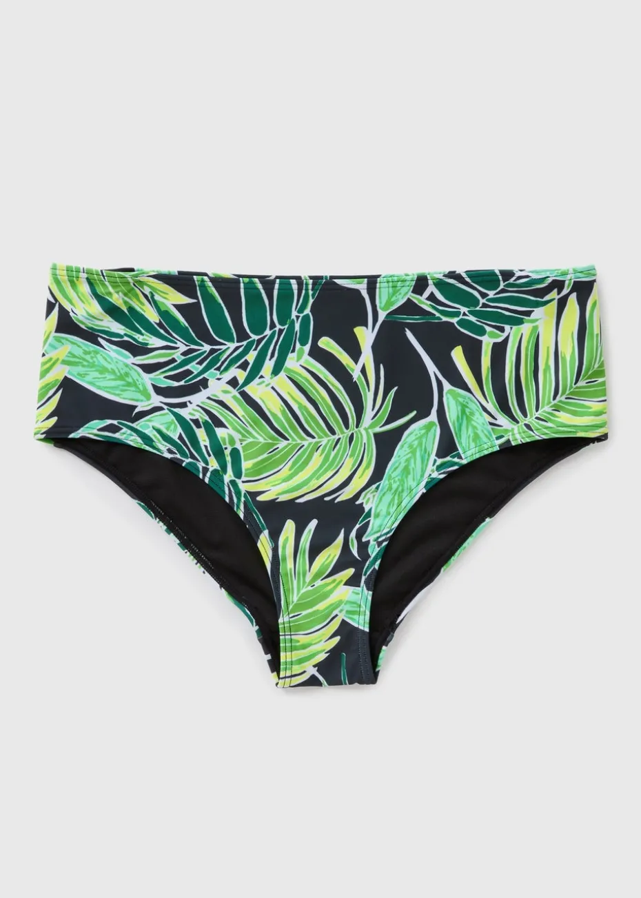 Green Tropical Leaf Print High Waisted Bikini Bottoms
