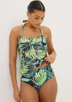 Green Tropical Leaf Print High Waisted Bikini Bottoms