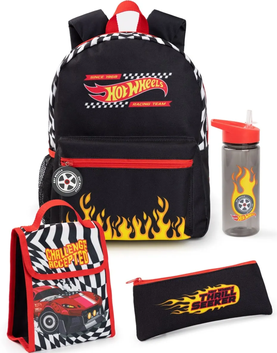 Hot Wheels Checkerboard Flame Kids Black 4 Piece Backpack Set