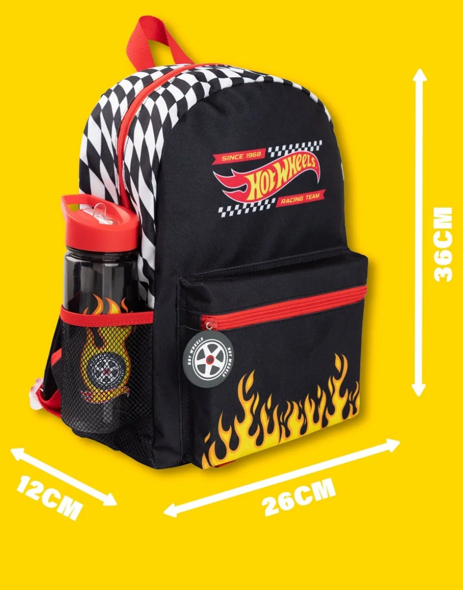 Hot Wheels Checkerboard Flame Kids Black 4 Piece Backpack Set