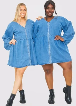 In The Style Light Blue V Neck Denim Dress