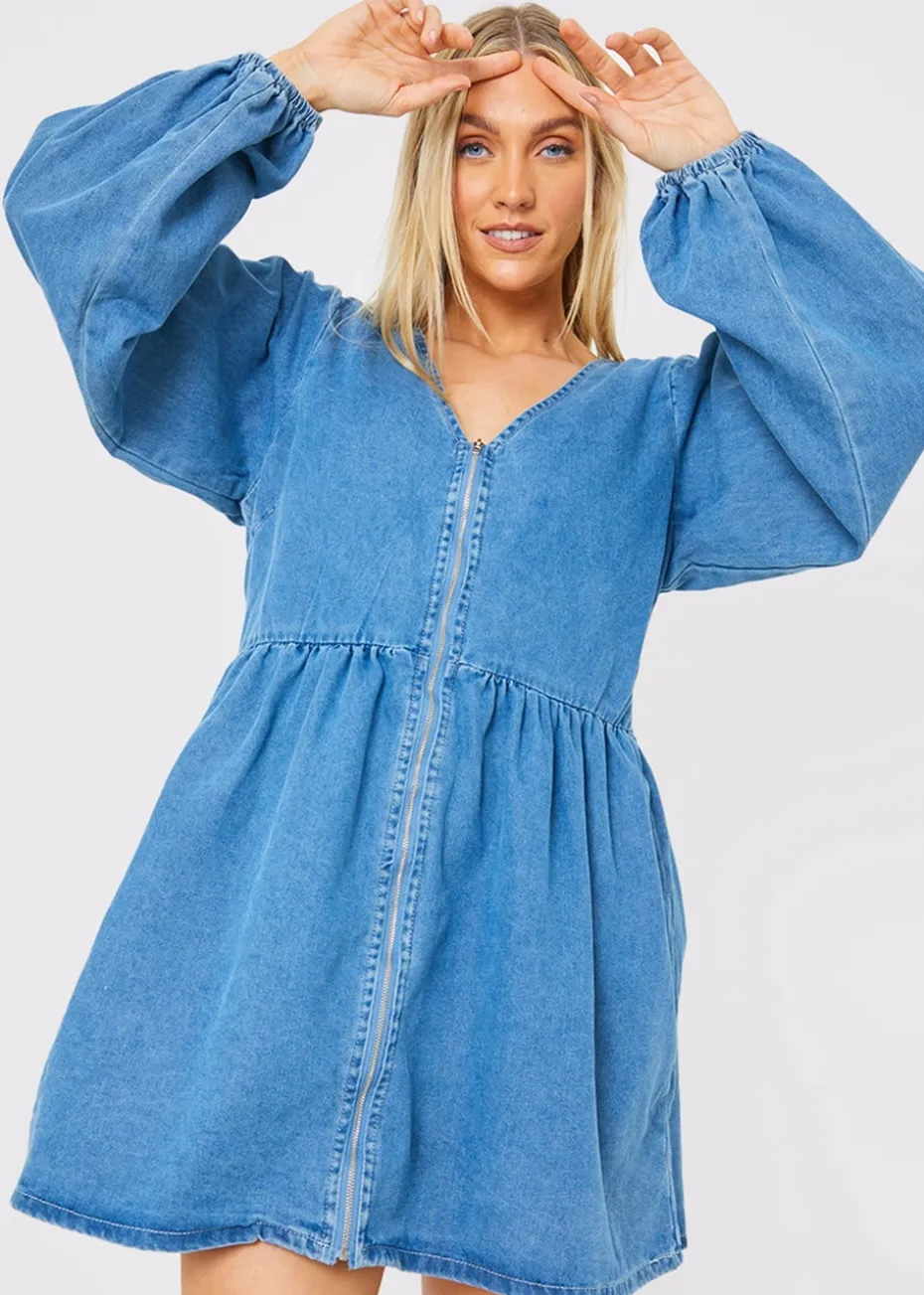 In The Style Light Blue V Neck Denim Dress