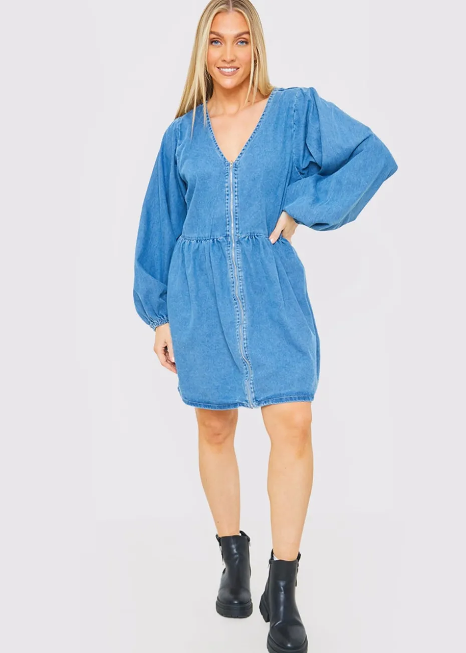 In The Style Light Blue V Neck Denim Dress