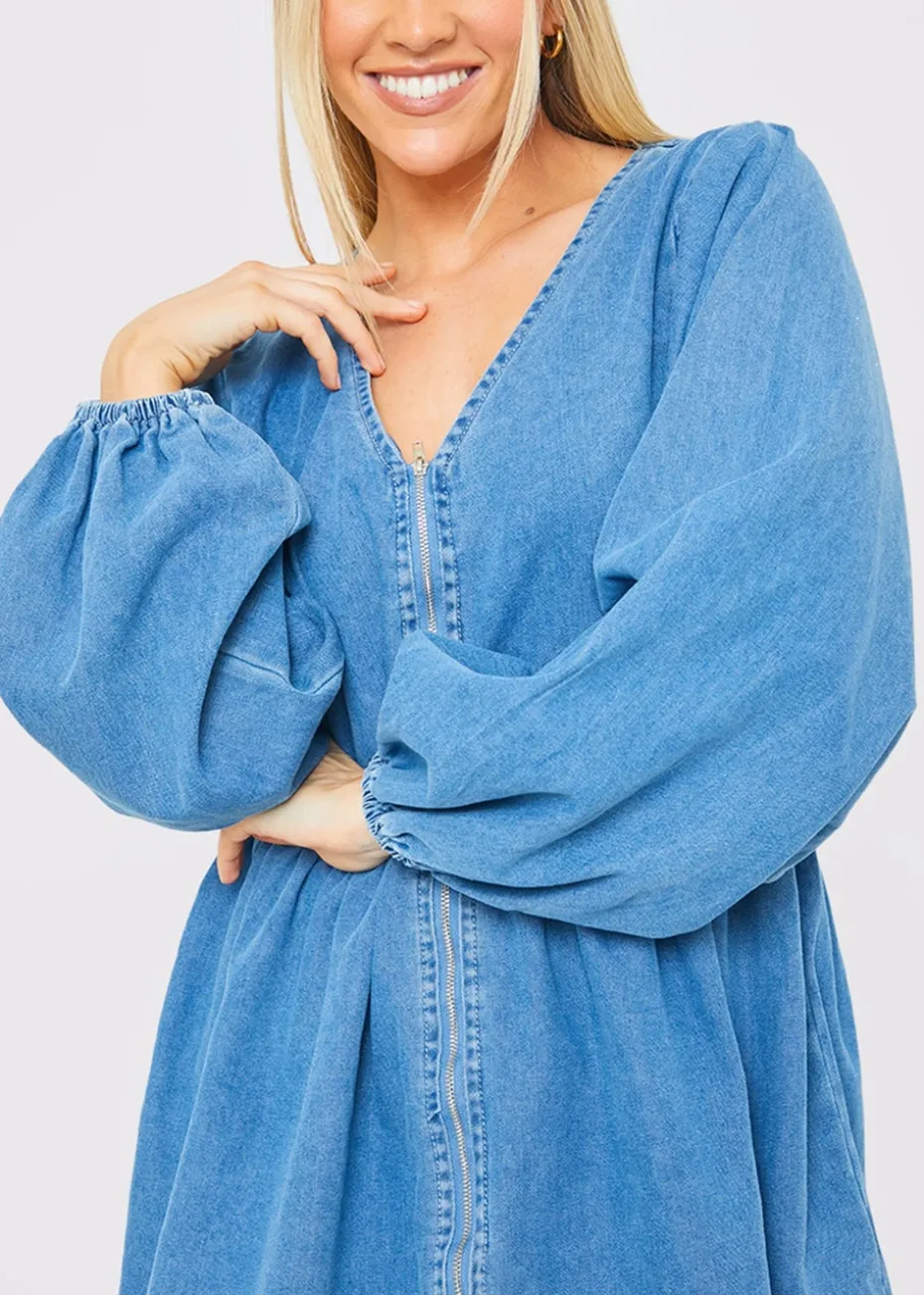 In The Style Light Blue V Neck Denim Dress