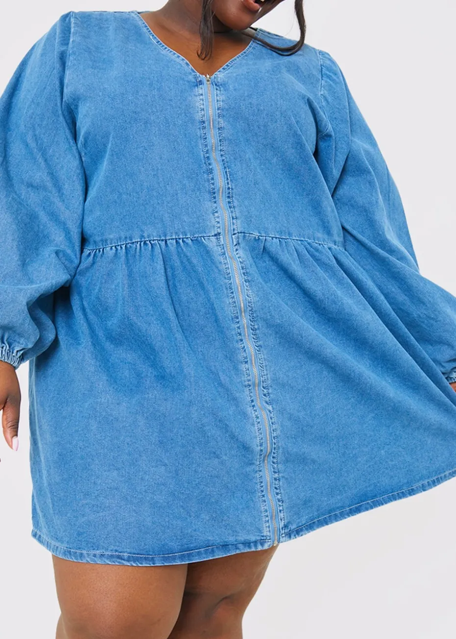 In The Style Light Blue V Neck Denim Dress