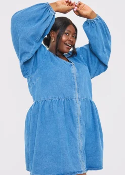 In The Style Light Blue V Neck Denim Dress