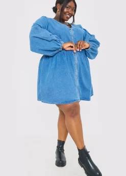 In The Style Light Blue V Neck Denim Dress