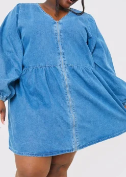 In The Style Light Blue V Neck Denim Dress