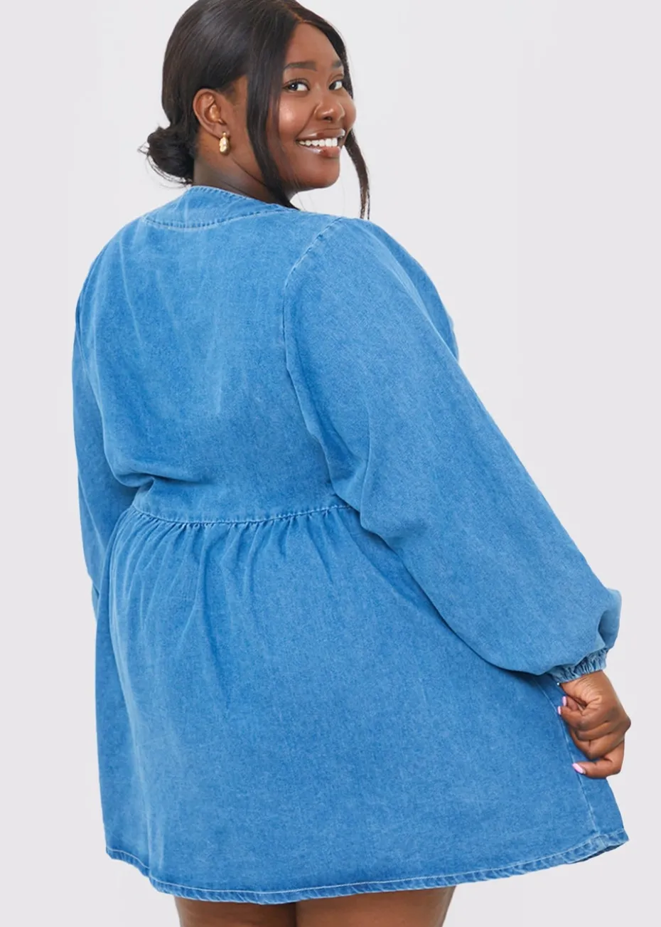 In The Style Light Blue V Neck Denim Dress