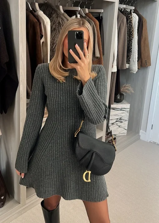 In The Style Perrie Sian Charcoal Knitted Bow Skater Dress