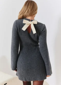 In The Style Perrie Sian Charcoal Knitted Bow Skater Dress